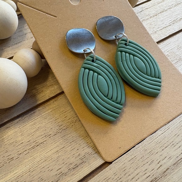 Handmade Teal Geometric Drop Earrings with Silver Studs Boho Minimalist Jewelry - Picture 3 of 8